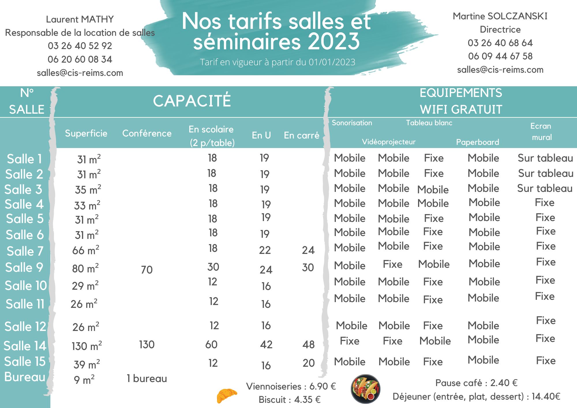 tarifs salles 2023 capacité des salles de réunion